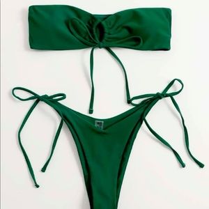SHEIN Green Knot Front Bandeau Tie Side Bikini Swimsuit